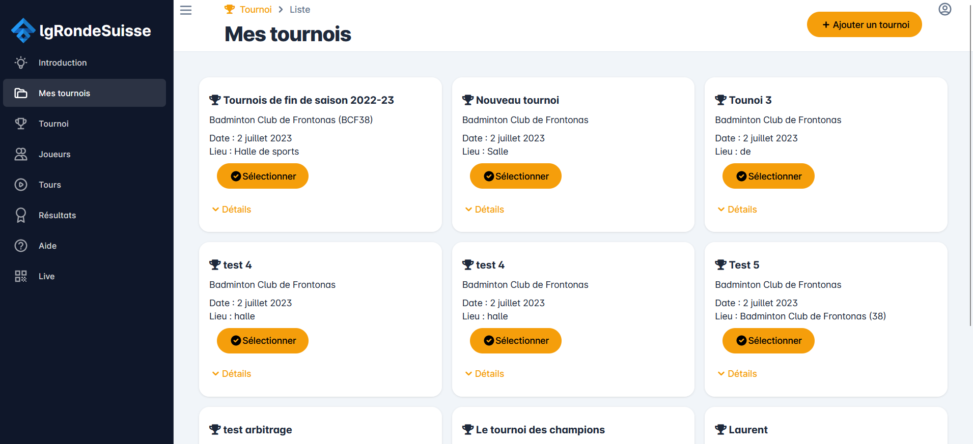 Liste des tournois